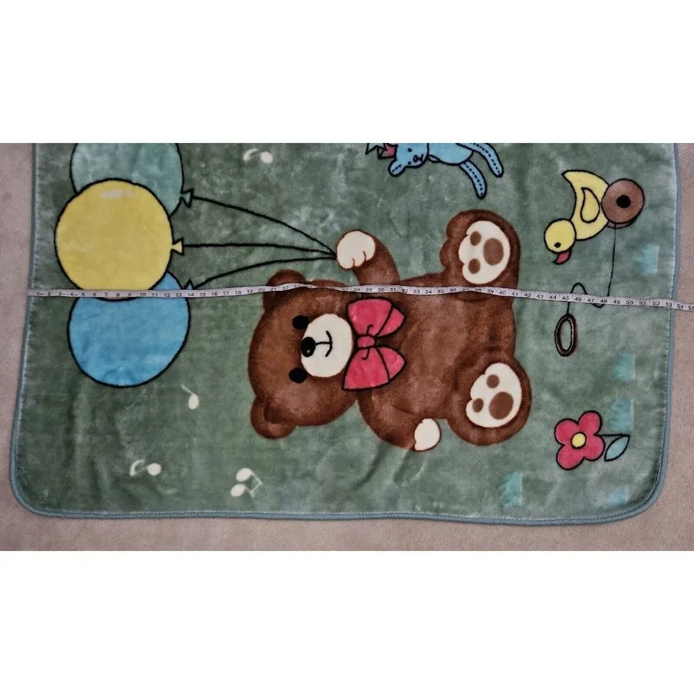 Solaron Green Teddy Bear Blanket Balloons Present Duck Flowers Music Notes 42x53